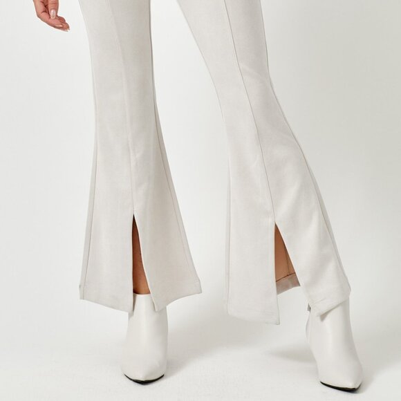 MYSTREE Faux Suede Flare Pants with Front Slit | Soft Ivory SIZE LARGE - Picture 4 of 5